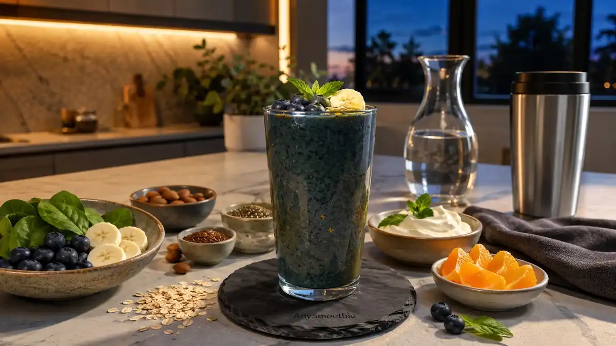 Luxurious blueberry, banana, and spinach smoothie in a tall artisan glass on a dark slate coaster engraved with AnySmoothie, surrounded by wholesome ingredients in a modern kitchen at dawn, illustrating