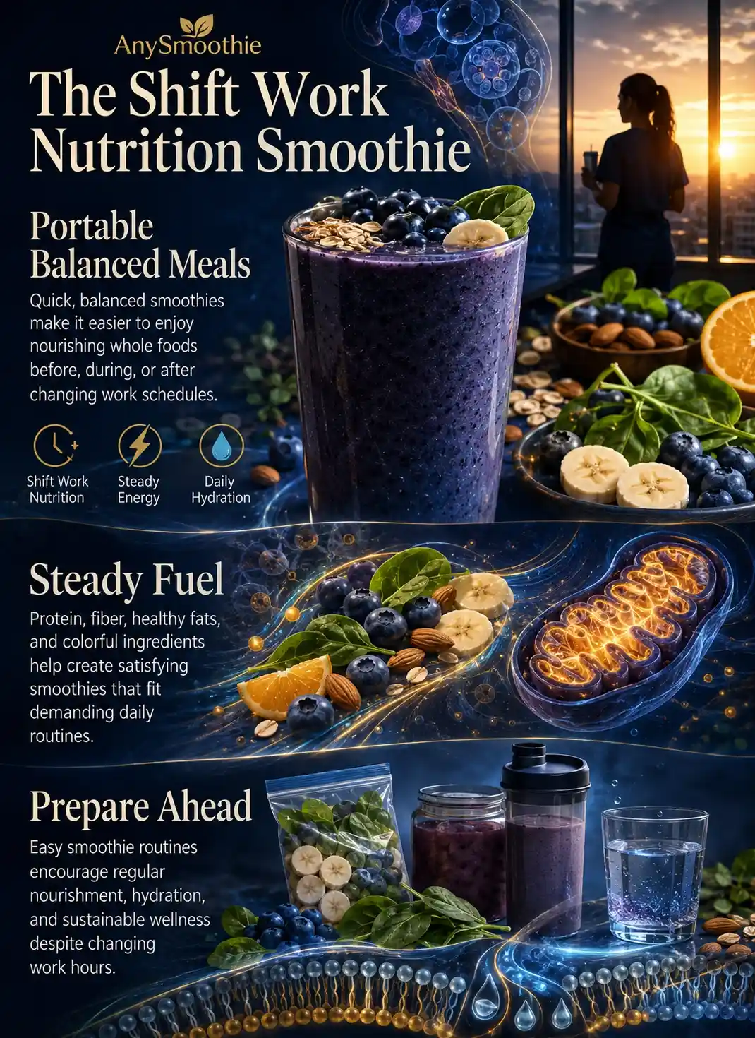 Infographic showing smoothies for shift work nutrition with portable balanced meals, steady energy, hydration support, and colorful whole-food ingredients including blueberries, banana, spinach, oats, and almonds in a wellness-science editorial design.