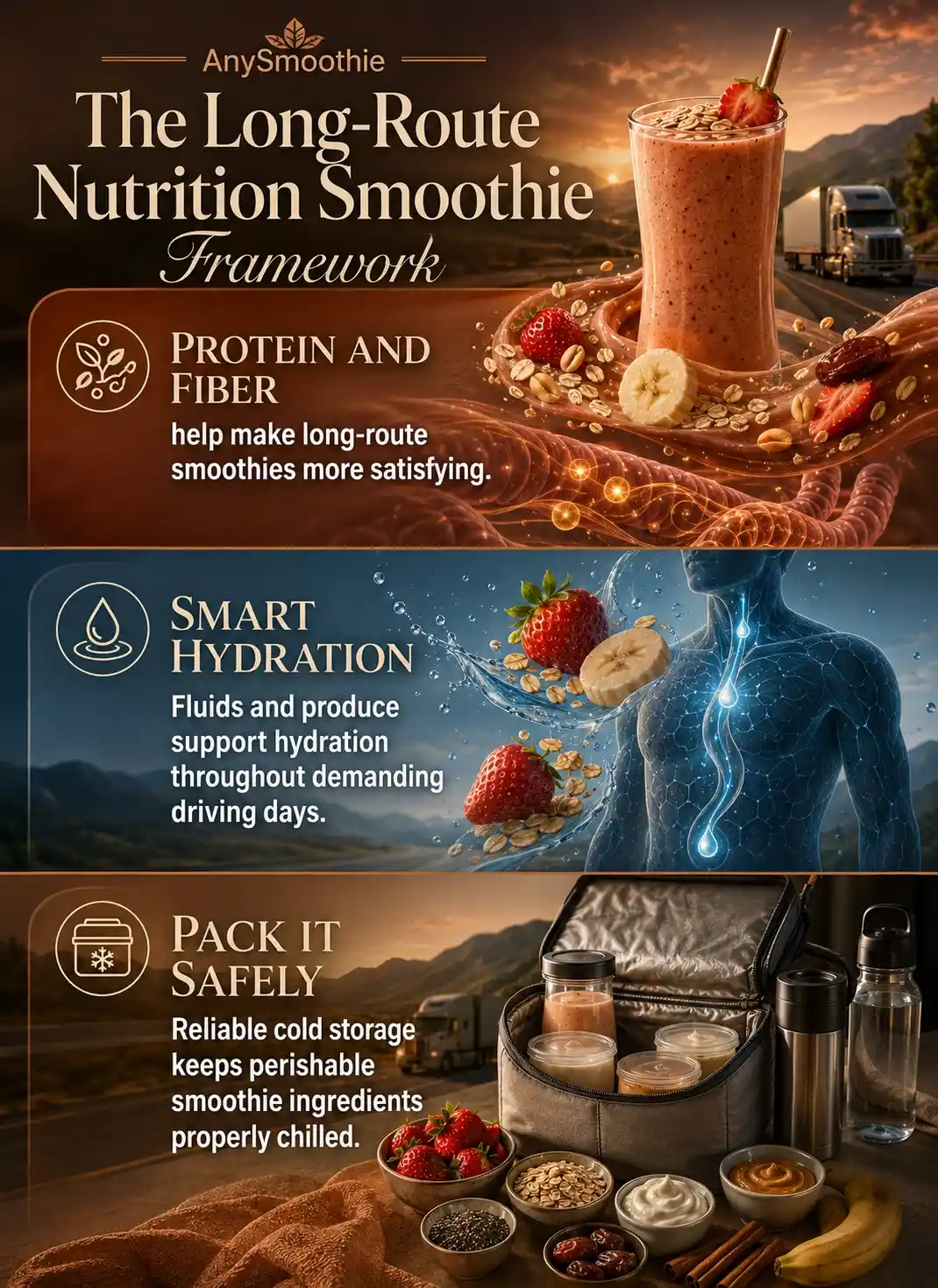 Smoothies for Truck Drivers infographic showing protein, fiber, hydration, and safe cold storage for balanced long-route nutrition.