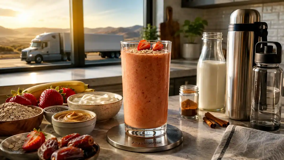 Smoothies for Truck Drivers with strawberry, banana, oats, peanut butter, and cinnamon prepared for a long driving day.