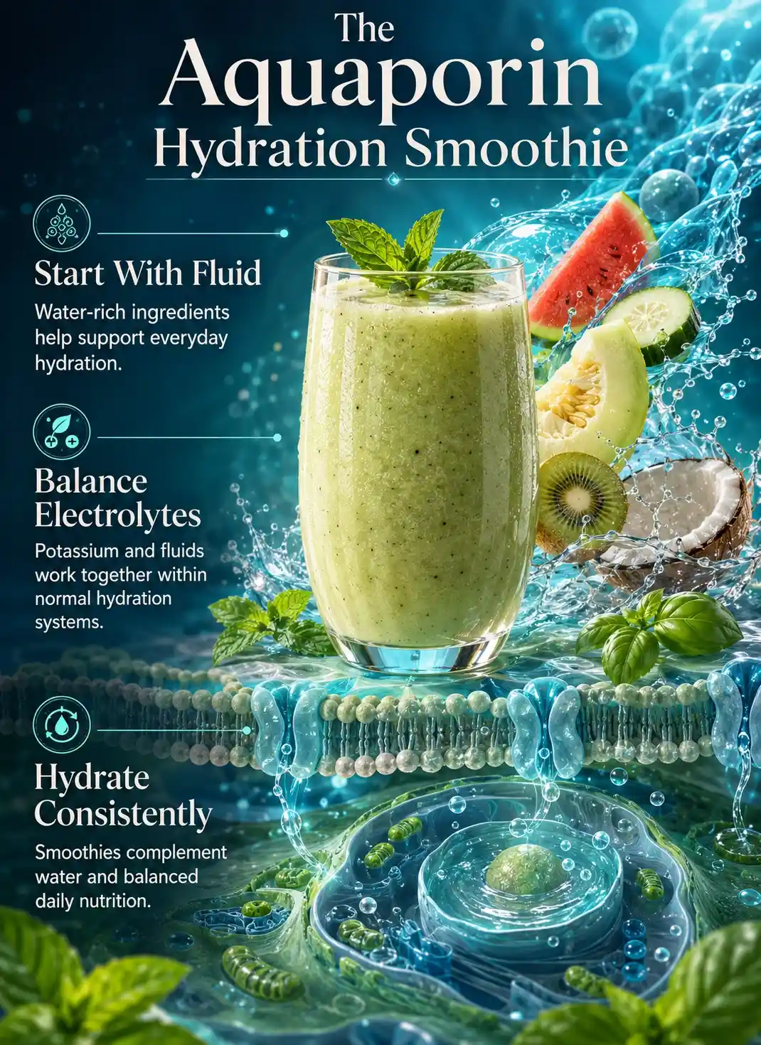 Infographic illustrating smoothies supporting aquaporin channel hydration with a honeydew melon, cucumber, kiwi, and coconut water smoothie, highlighting cellular hydration, water transport, fluid balance, and whole-food ingredients in a premium wellness-science editorial design.