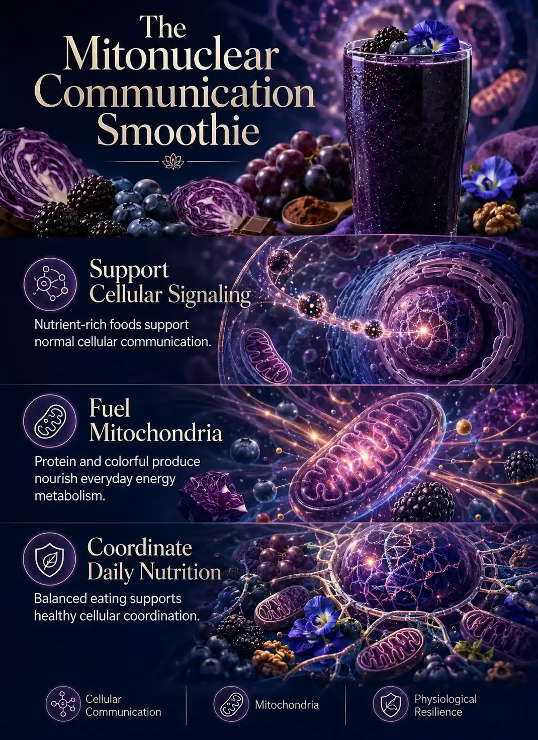 Infographic illustrating smoothies supporting mitonuclear communication with colorful whole-food ingredients, mitochondrial-to-nucleus signaling, cellular communication, physiological resilience, and balanced nutrition in a premium wellness-science editorial design.