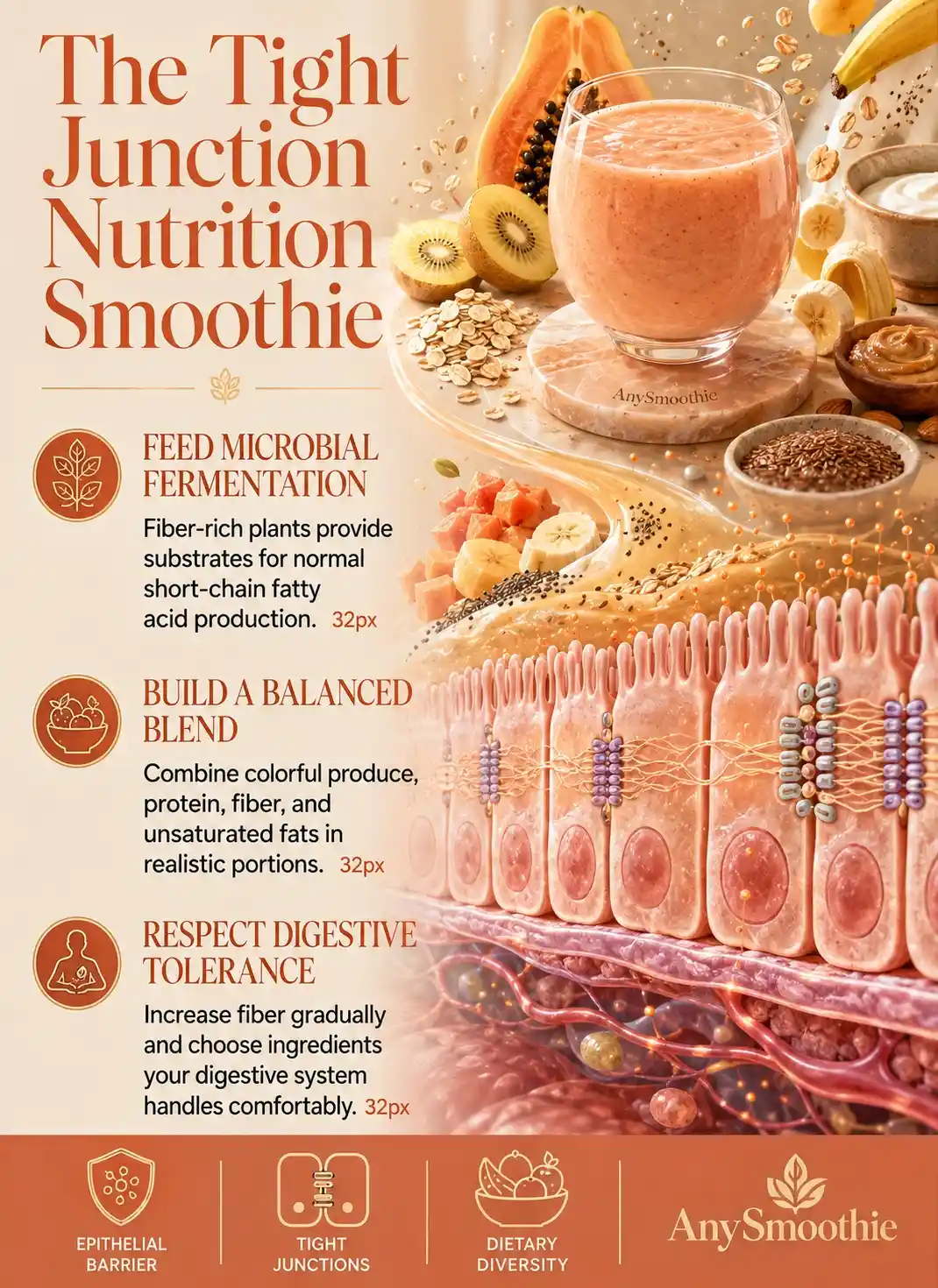 Infographic about smoothies supporting tight junction integrity with fiber, protein, healthy fats, and diverse whole-food ingredients