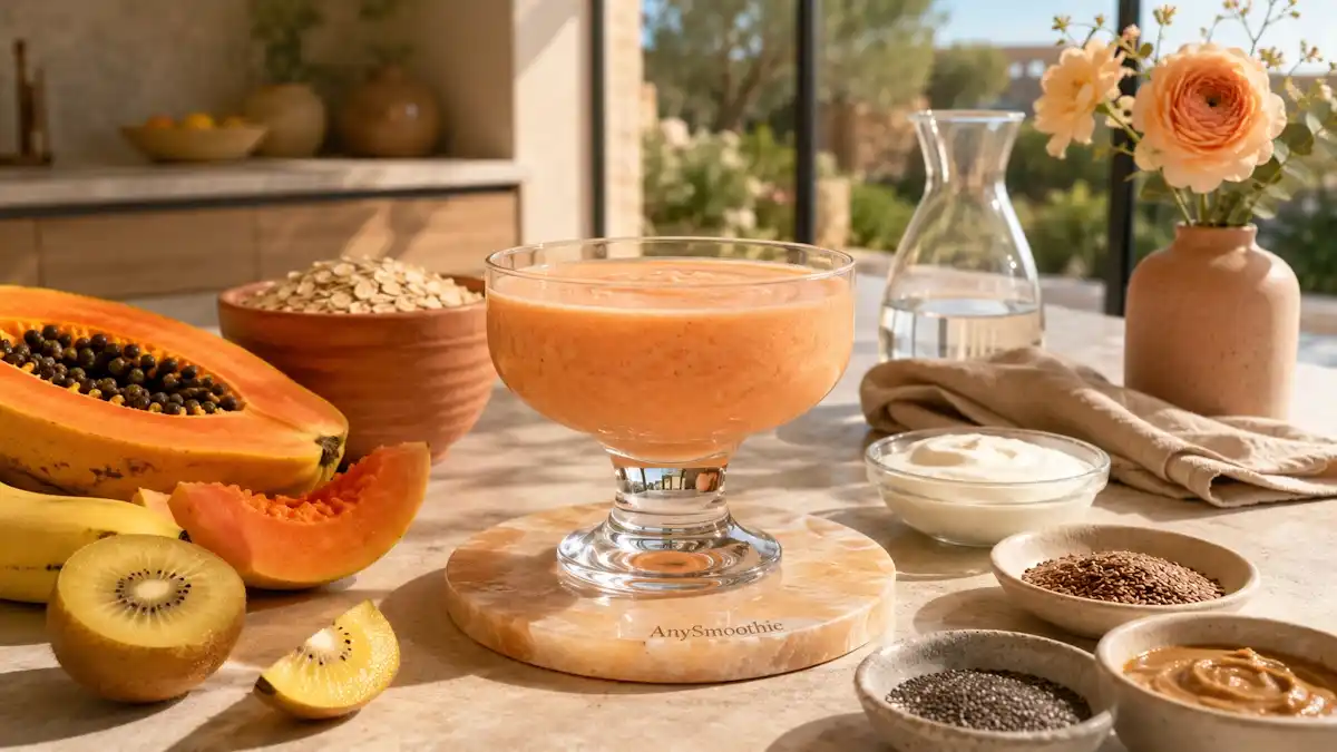 Papaya, golden kiwi, banana, oat, Greek yogurt, and almond butter smoothie supporting tight junction integrity