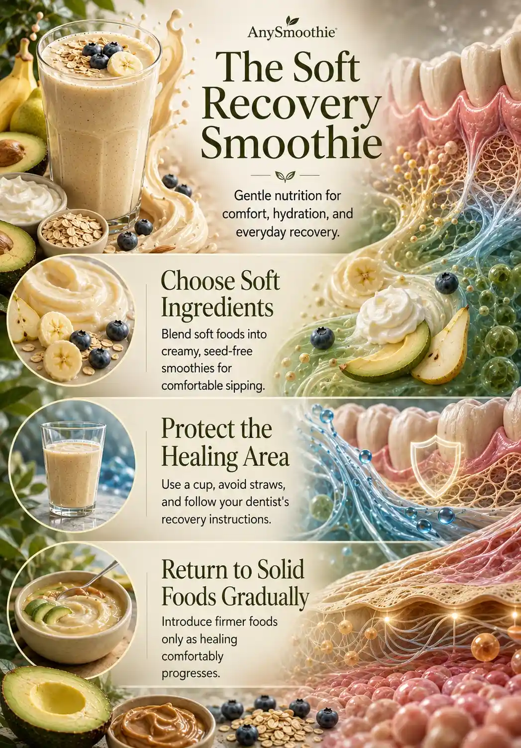 Infographic showing how soft smoothies after tooth extraction support comfortable eating with creamy ingredients, hydration, and a gradual return to solid foods through gentle recovery nutrition.