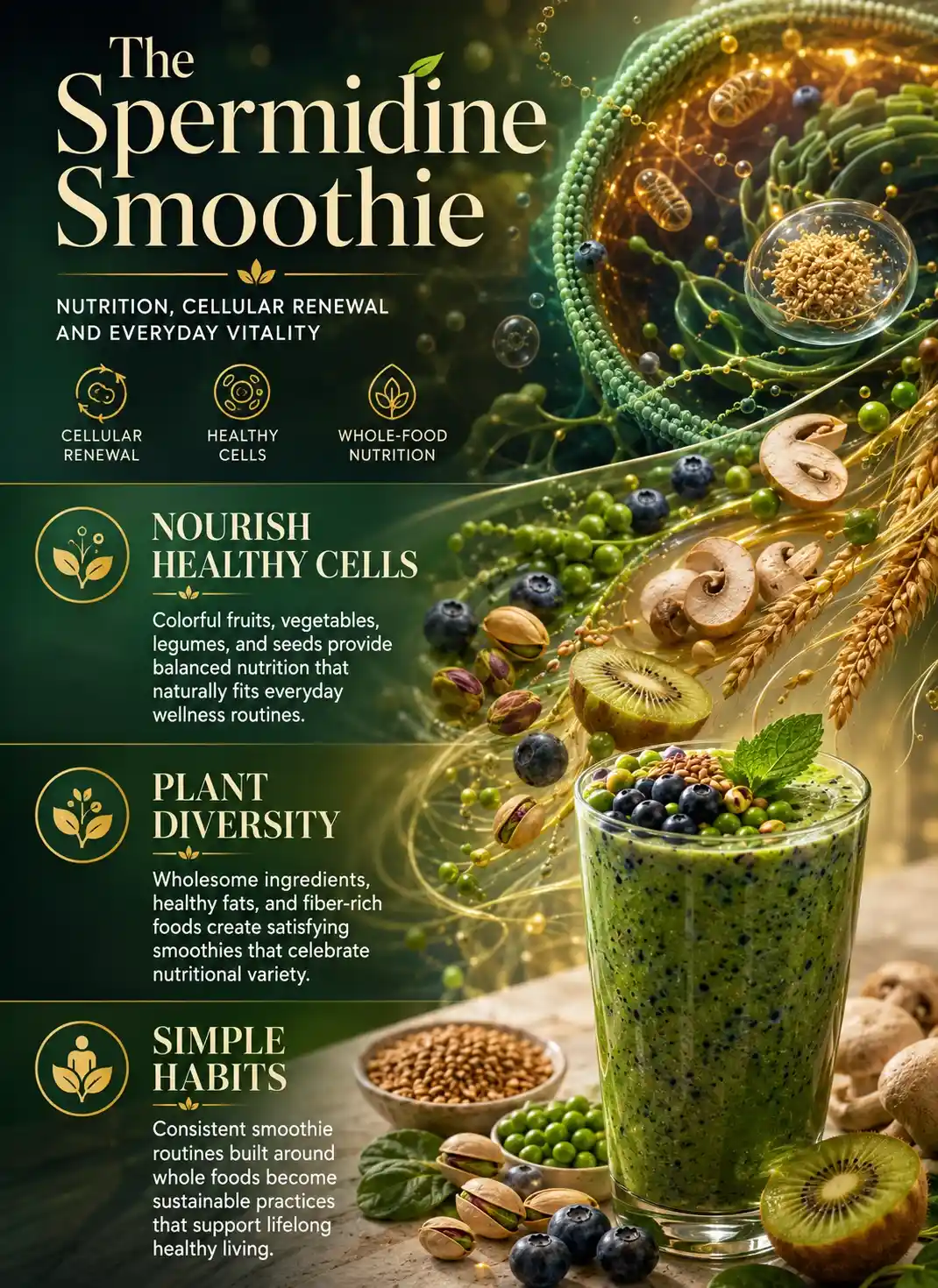 Infographic about spermidine smoothies for cellular renewal featuring kiwi, blueberries, wheat germ, mushrooms, green peas, pistachios, and whole-food ingredients with elegant cellular wellness illustrations and balanced nutrition concepts.