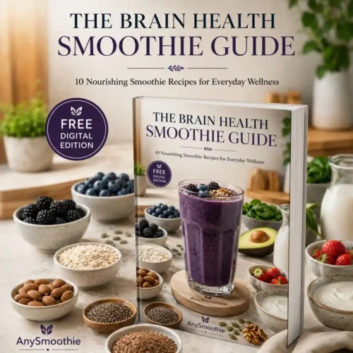 The Brain Health Smoothie Guide free digital ebook by AnySmoothie with a blueberry smoothie and nutrient-rich whole-food ingredients