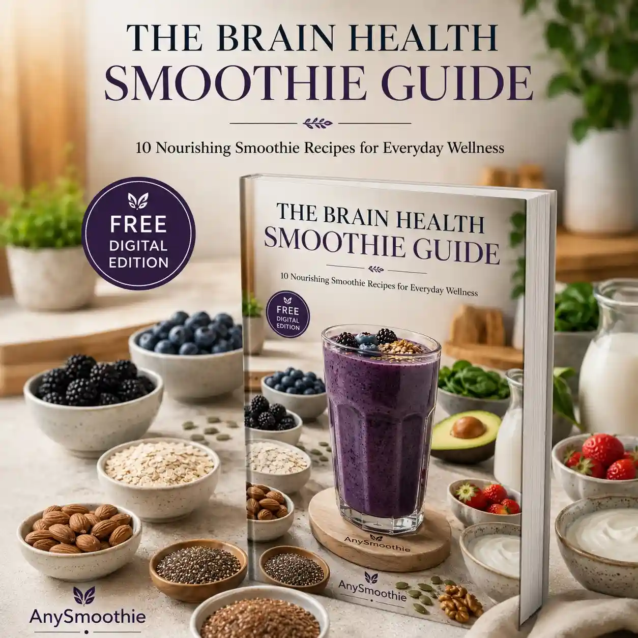 The Brain Health Smoothie Guide free digital ebook by AnySmoothie with a blueberry smoothie and nutrient-rich whole-food ingredients