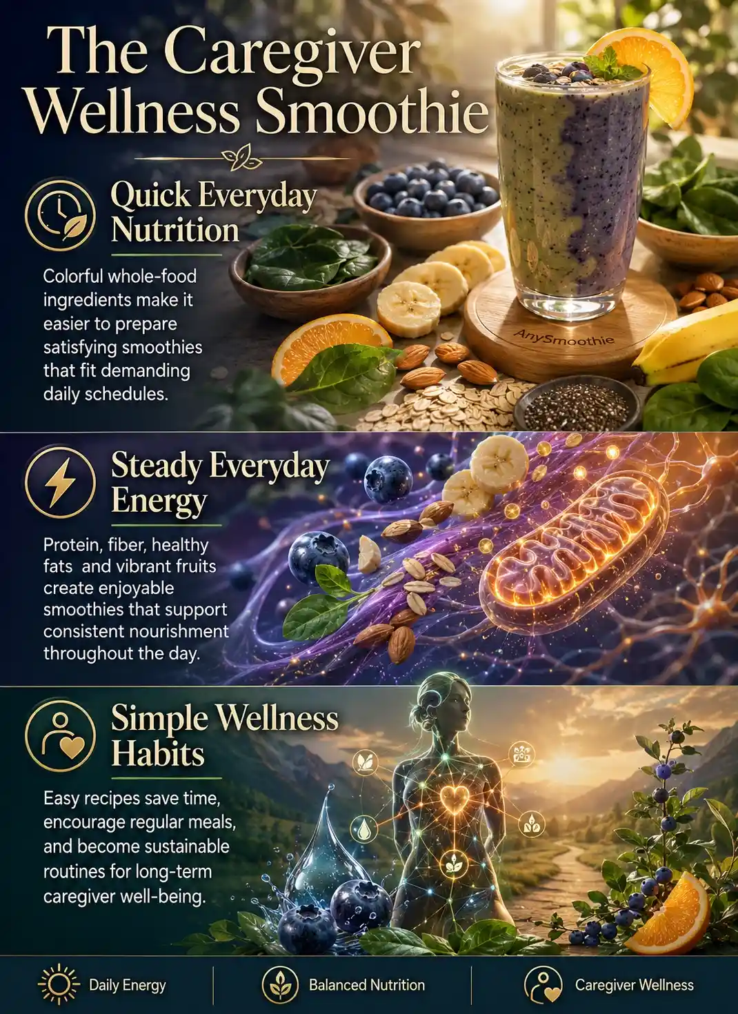 The Caregiver Wellness Smoothie infographic showing how smoothies for caregiver wellness support balanced nutrition, steady daily energy, hydration, and sustainable healthy habits using blueberries, banana, spinach, oats, almonds, and other whole-food ingredients.