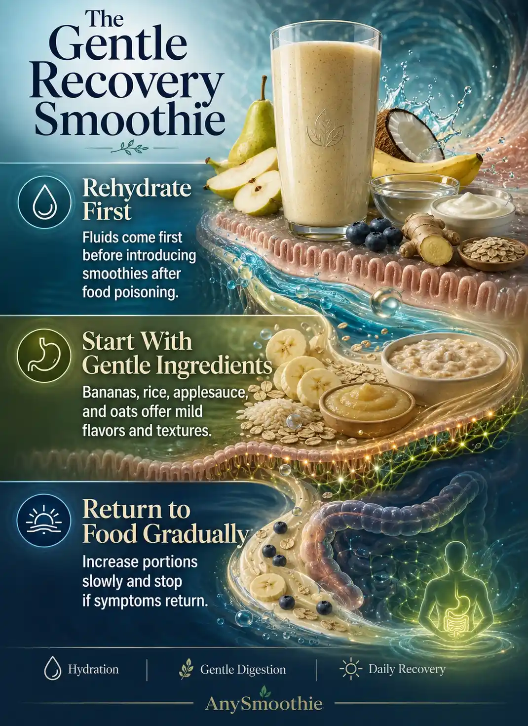 Infographic explaining smoothies after food poisoning, highlighting hydration first, gentle ingredients like bananas and oats, and gradual return to regular eating for digestive comfort and recovery support.