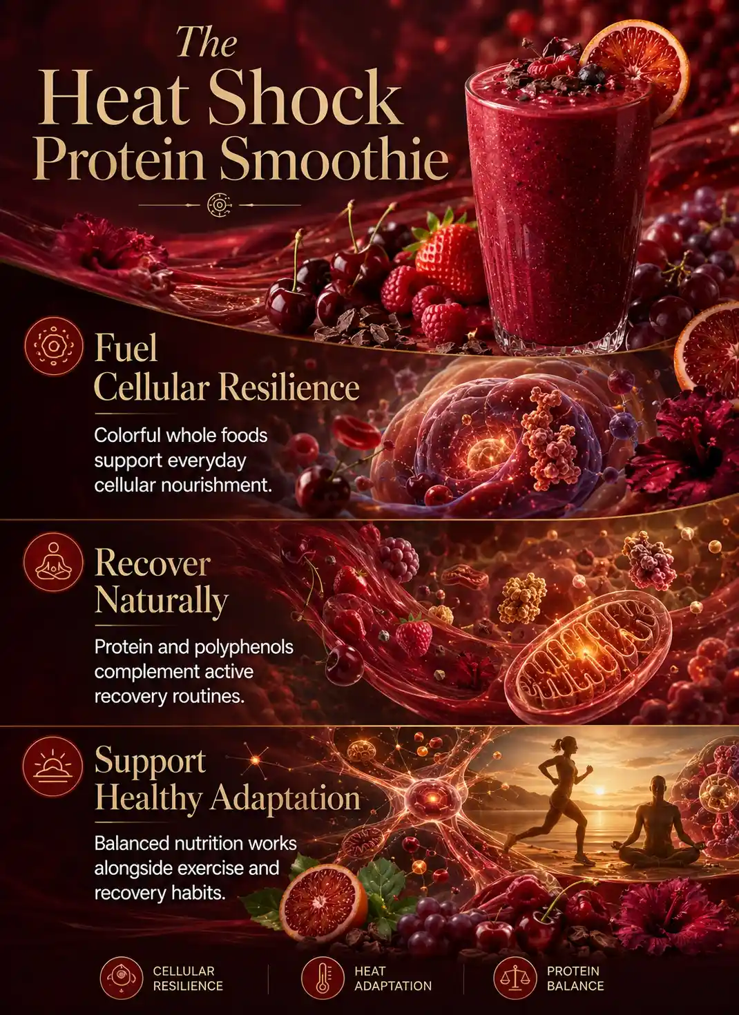 Infographic titled The Heat Shock Protein Smoothie illustrating smoothies supporting heat shock proteins through colorful whole-food ingredients, cellular resilience, healthy adaptation, protein balance, and recovery-focused wellness nutrition.