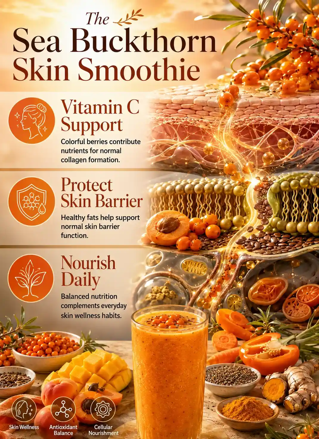 Infographic titled The Sea Buckthorn Skin Smoothie by AnySmoothie illustrating how sea buckthorn smoothies for skin wellness provide vitamin C, healthy fats, and colorful whole-food nutrients that support normal collagen formation, skin barrier function, and everyday skin wellness.