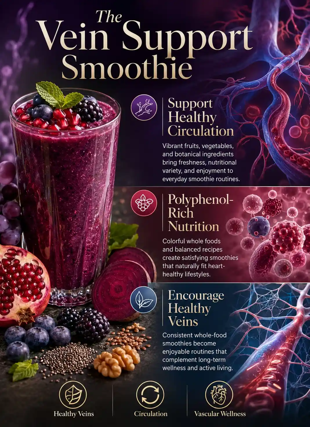 The Vein Support Smoothie infographic illustrating smoothies for varicose vein support with blueberries, blackberries, pomegranate, beetroot, grapes, and vascular wellness concepts that promote healthy circulation and polyphenol-rich nutrition.
