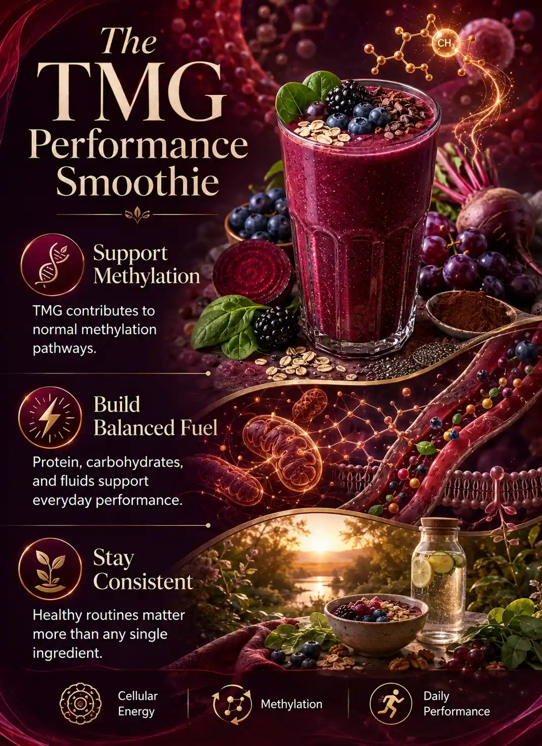 The TMG Performance Smoothie infographic illustrating how a TMG smoothie for daily performance supports normal methylation, balanced cellular energy metabolism, hydration, and everyday wellness through nutrient-rich whole-food ingredients.