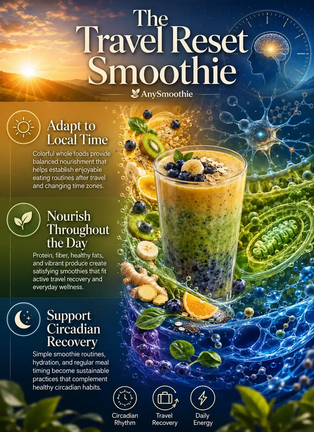Travel reset smoothies for circadian rhythm support infographic showing a blueberry, kiwi, banana, and spinach smoothie with circadian rhythm illustrations, hydration, mitochondrial energy, and whole-food ingredients that support healthy daily routines after travel.