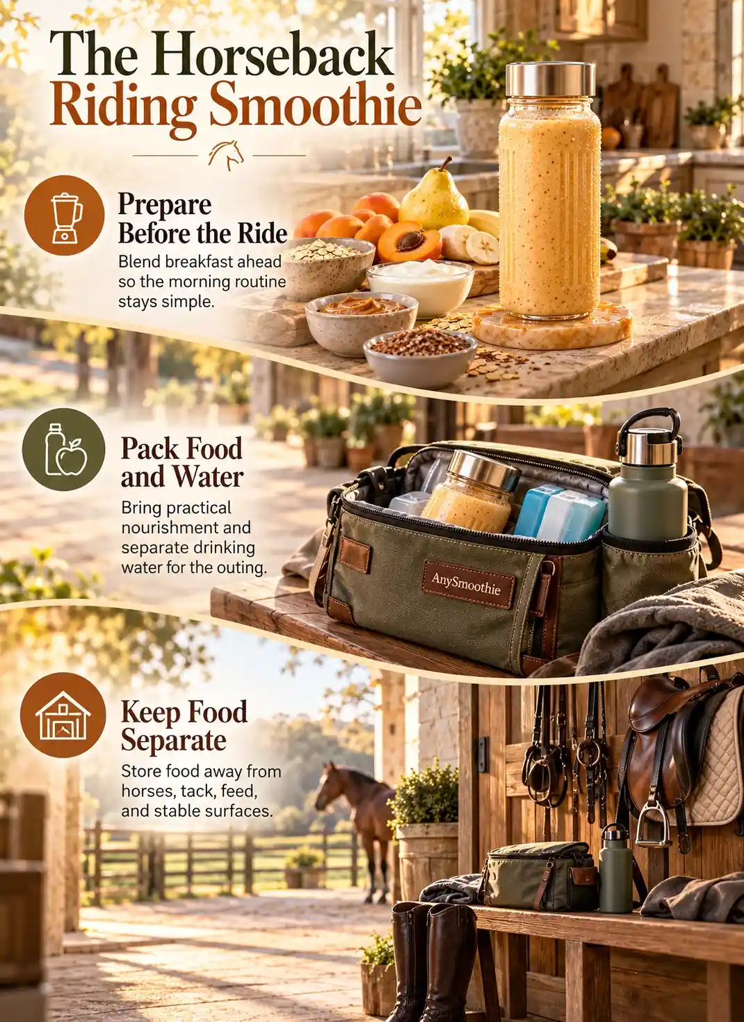 The Horseback Riding Smoothie infographic showing morning smoothies for horseback riding, with preparation, food and water packing, and clean food storage around a stable