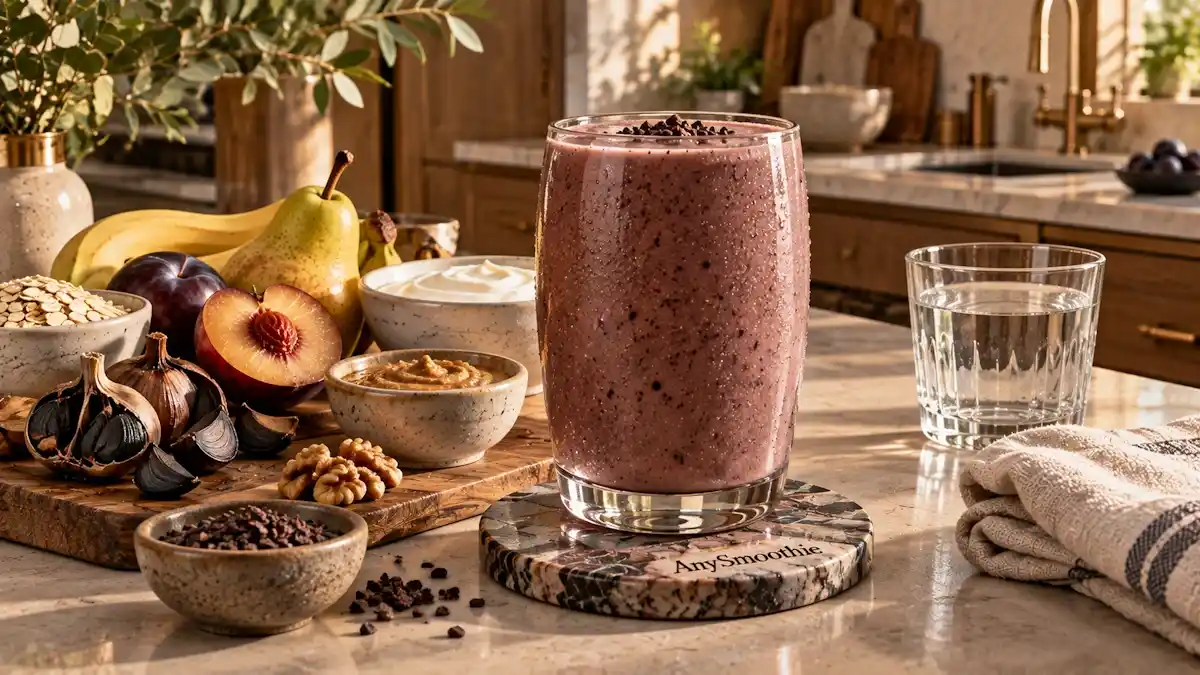 Black garlic smoothies for healthy aging featuring black garlic, black plum, pear, banana, oats, plain skyr, walnut butter, and cacao nibs in a creamy deep plum-brown smoothie.