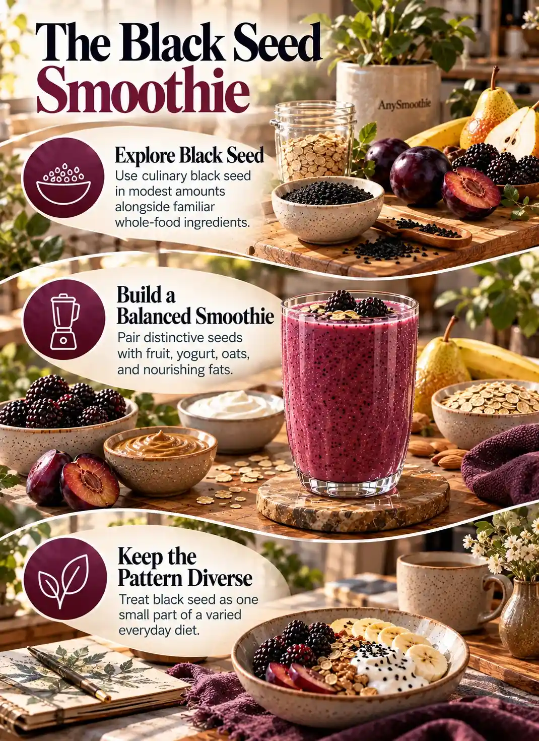 Black seed smoothie infographic featuring culinary black seed, blackberries, black plum, banana, pear, Greek yogurt, oats, almond butter, and a balanced everyday food pattern.