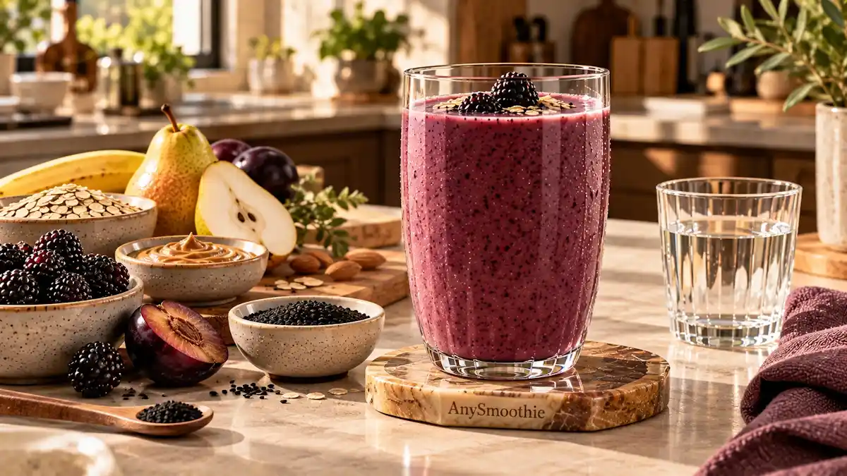 Black seed smoothie made with blackberries, black plum, banana, pear, Greek yogurt, oats, almond butter, and culinary black seed in a sophisticated contemporary kitchen.