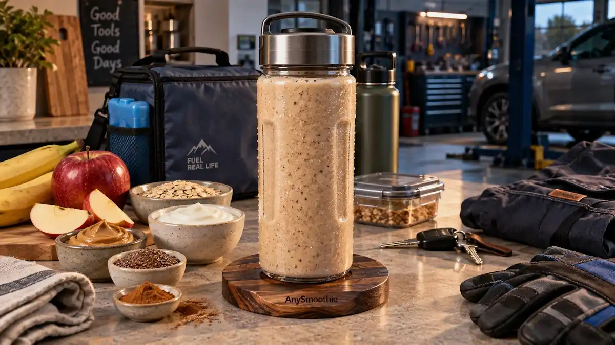 Banana, red apple, oat, Greek yogurt, peanut butter, cinnamon, and flaxseed smoothie for breakfast smoothies for busy mechanics.