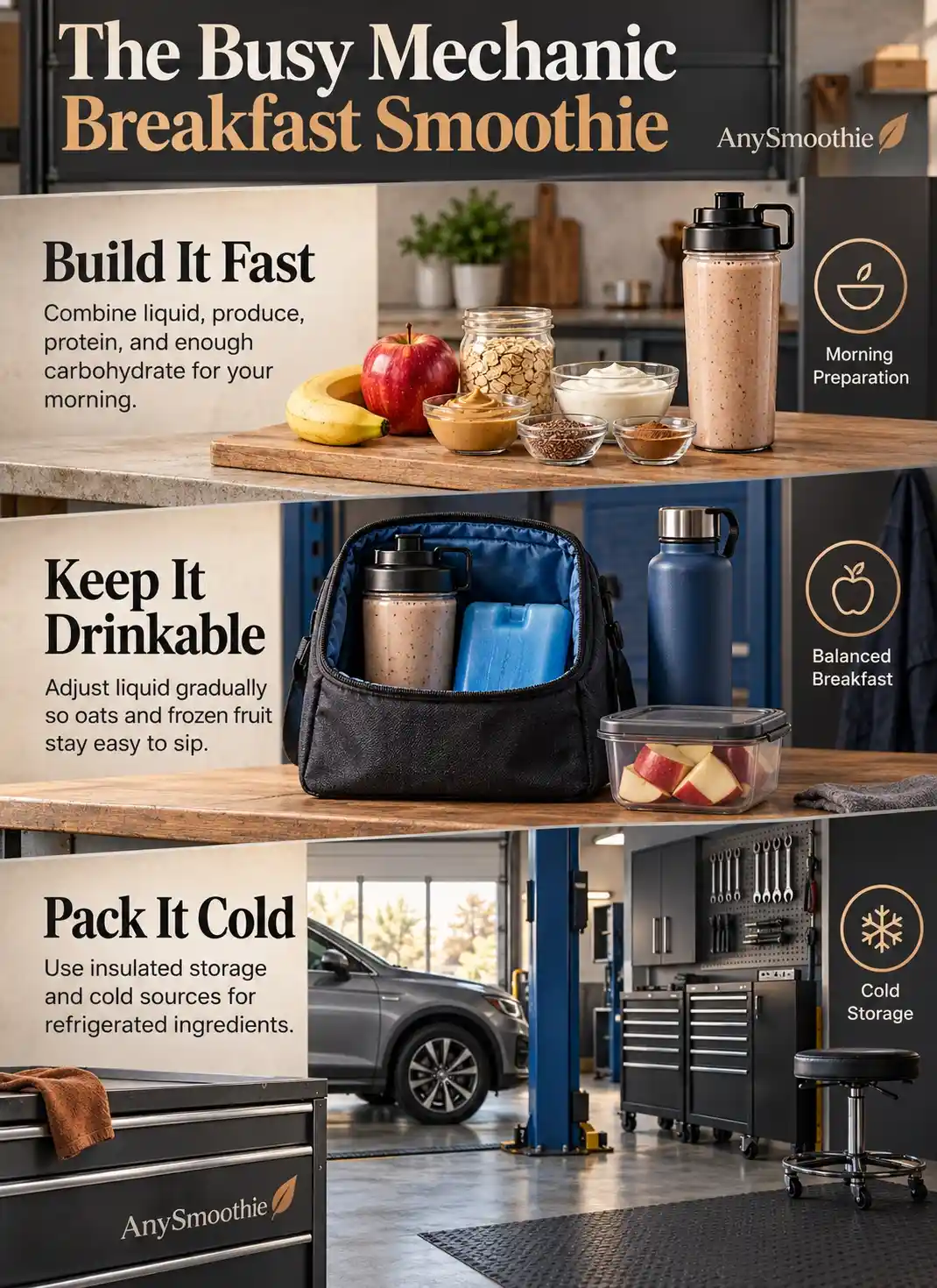 Breakfast smoothies for busy mechanics infographic featuring banana, red apple, oats, Greek yogurt, peanut butter, cinnamon, and flaxseed.