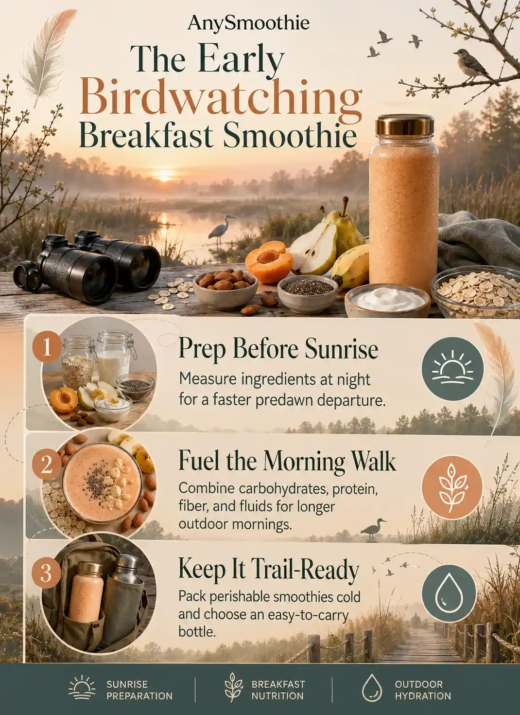 Breakfast smoothies for early birdwatching infographic with prep, nutrition, hydration, and portability tips
