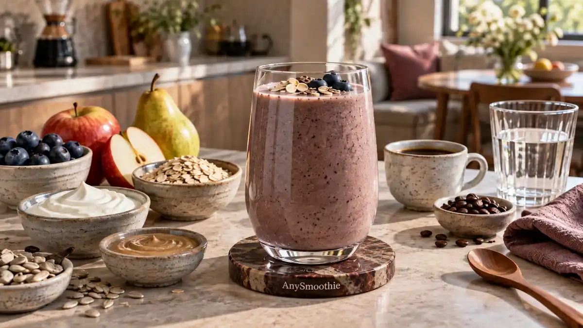 Blueberry, red apple, pear, oat, Greek yogurt, sunflower seed butter, and coffee smoothie for a chlorogenic acid smoothie guide.