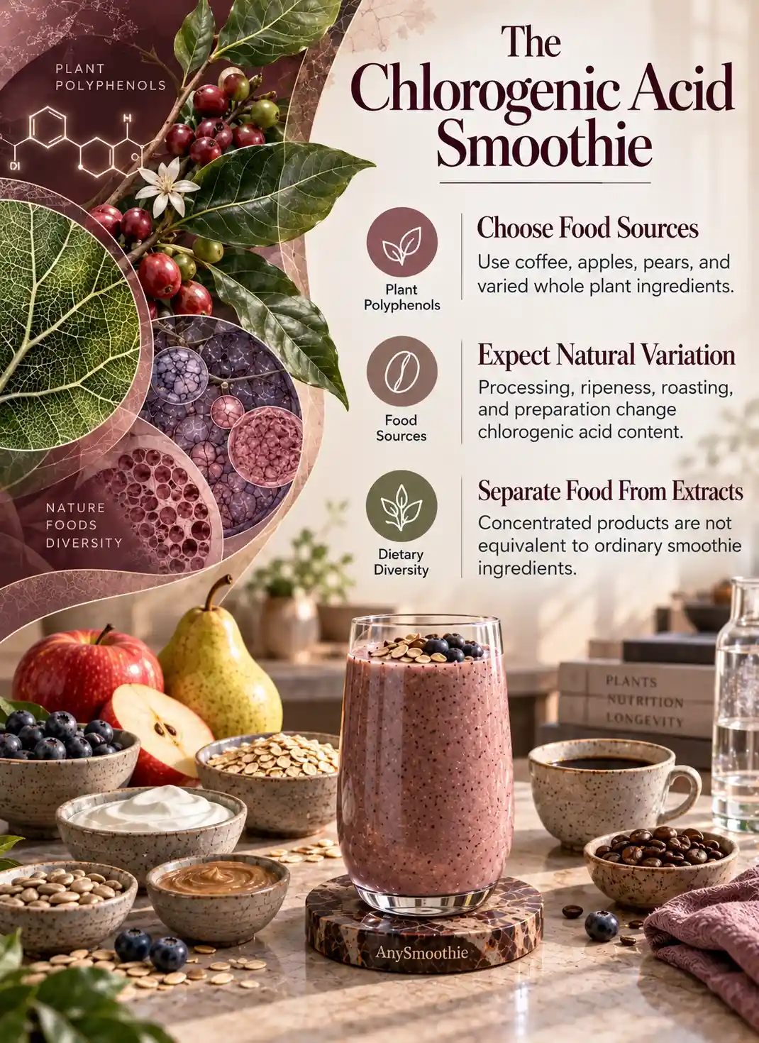Chlorogenic acid smoothie guide infographic featuring blueberries, red apple, pear, oats, Greek yogurt, sunflower seed butter, brewed coffee, and coffee beans.