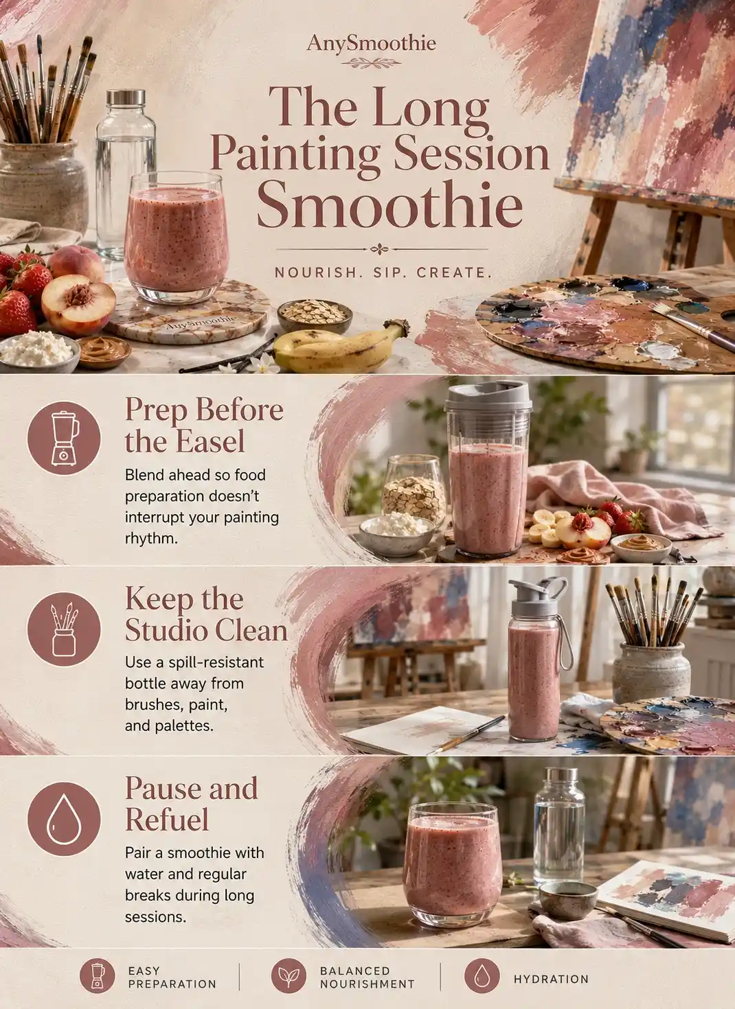 Easy smoothies for long painting sessions infographic showing preparation, studio cleanliness, balanced nourishment, hydration, and regular breaks while painting.