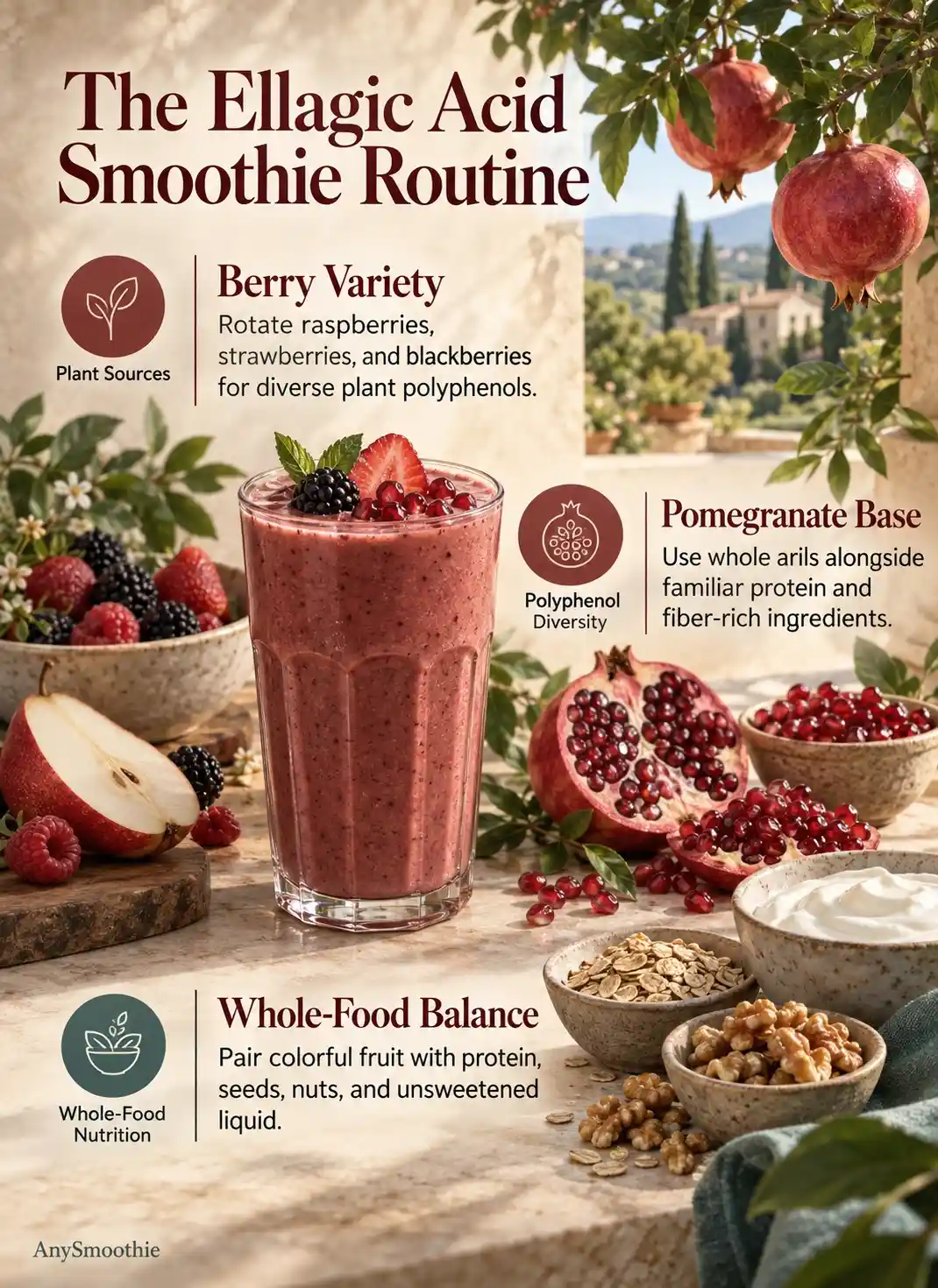 Ellagic acid smoothies for polyphenol support infographic with pomegranate, berries, red pear, walnuts, oats, and Greek yogurt.