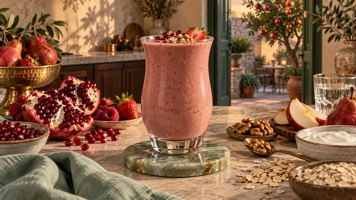 Pomegranate, raspberry, strawberry, red pear, walnut, oat, and Greek yogurt smoothie for ellagic acid smoothies for polyphenol support.