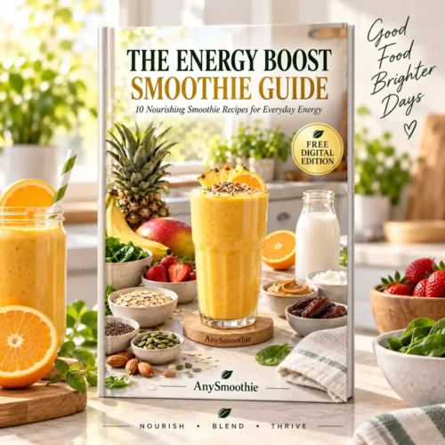 The Energy Boost Smoothie Guide by AnySmoothie featuring 10 nourishing smoothie recipes for everyday energy