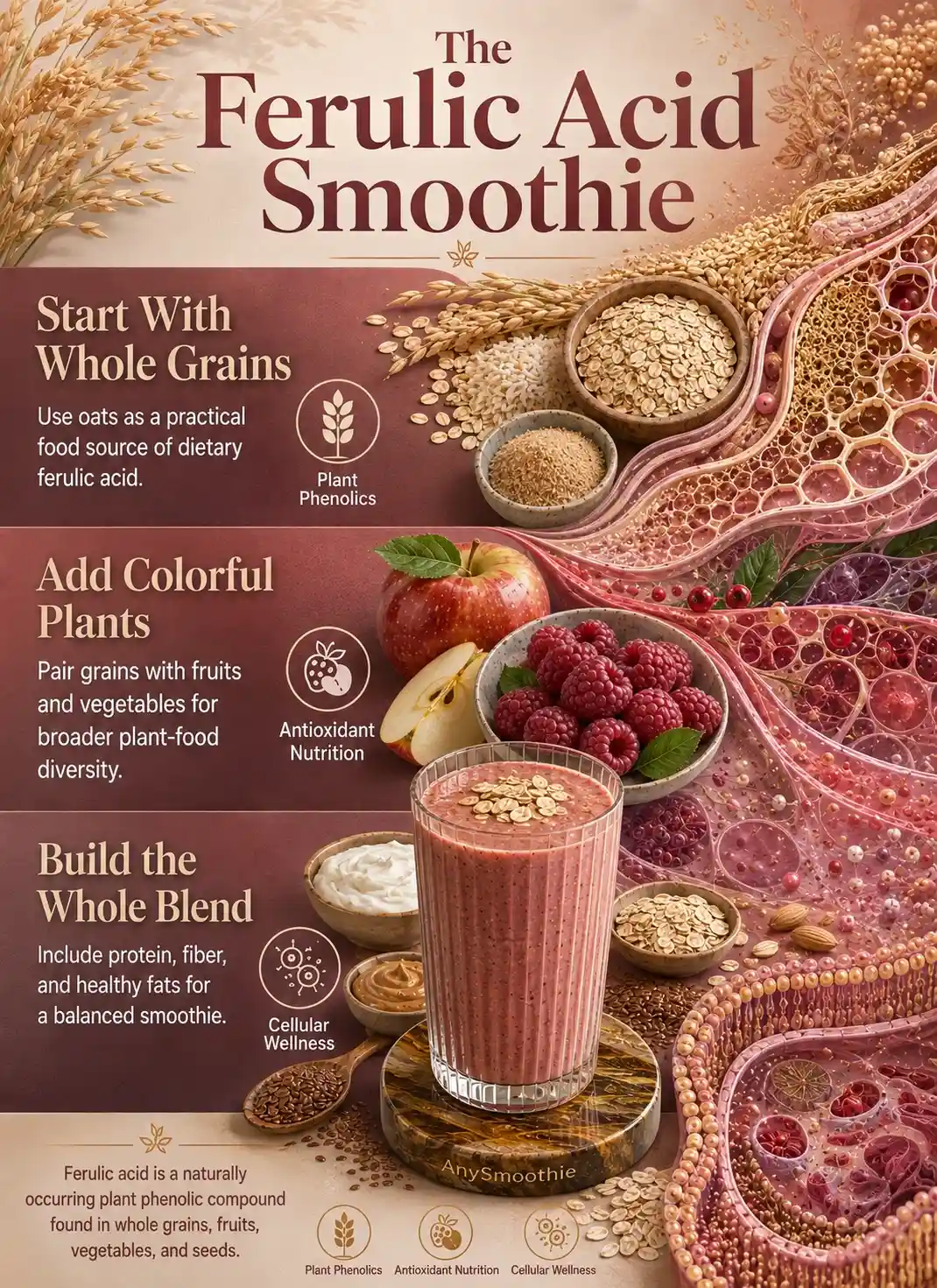 Ferulic acid smoothie for cellular defense infographic featuring oats, rice bran, red apple, raspberries, flaxseed, almond butter, and Greek yogurt.