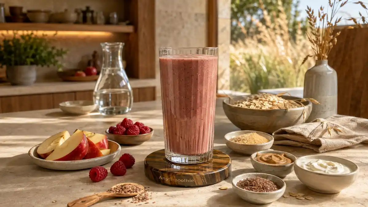 Ferulic acid smoothie for cellular defense with red apple, raspberries, oats, rice bran, flaxseed, almond butter, and Greek yogurt.