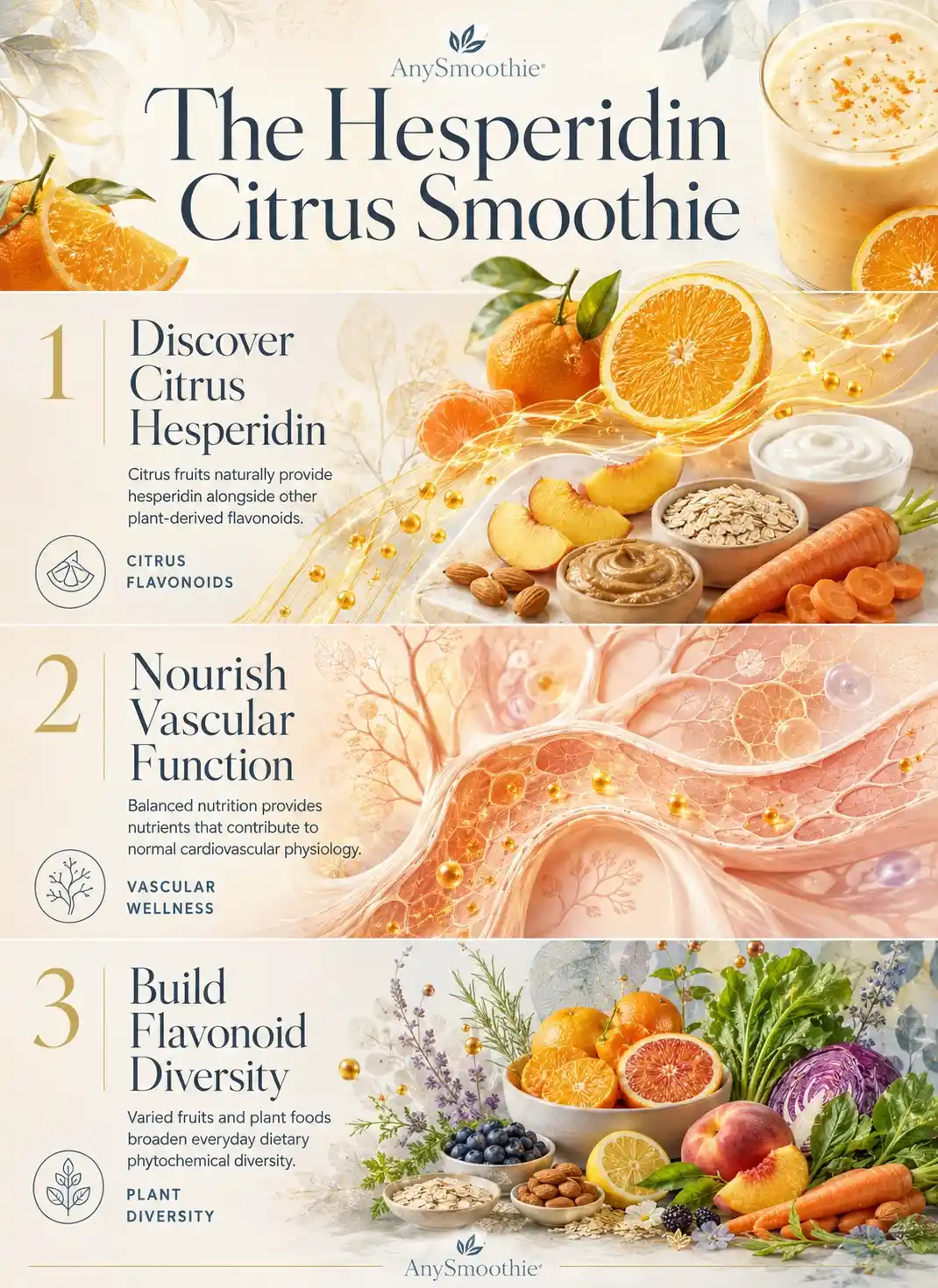 Infographic about a hesperidin smoothie for vascular wellness featuring citrus flavonoids, vascular function, and plant diversity.