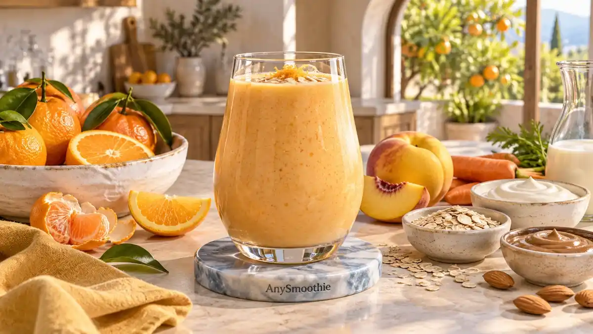 Hesperidin smoothie for vascular wellness with sweet orange, mandarin, peach, carrot, oats, almond butter, and Greek yogurt.