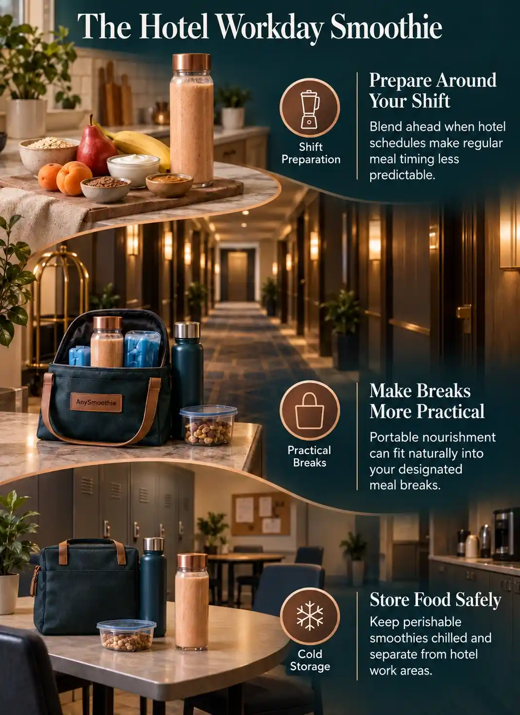 AnySmoothie infographic showing a portable smoothie routine for hotel workers, with shift preparation, practical break-time nutrition, and cold storage guidance in a hotel workday setting.