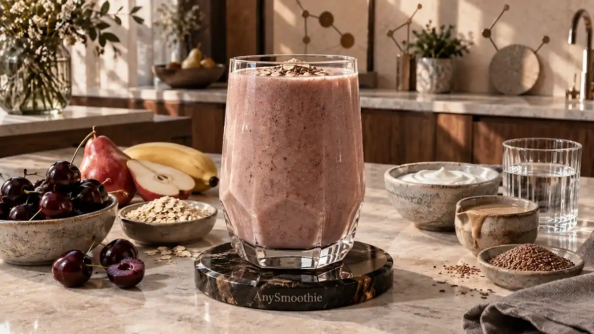 Black cherry, red pear, banana, oat, skyr, tahini, and flaxseed smoothie in an elegant glass on an AnySmoothie obsidian coaster in a modern kitchen, created for an inosine smoothie for purine metabolism article.