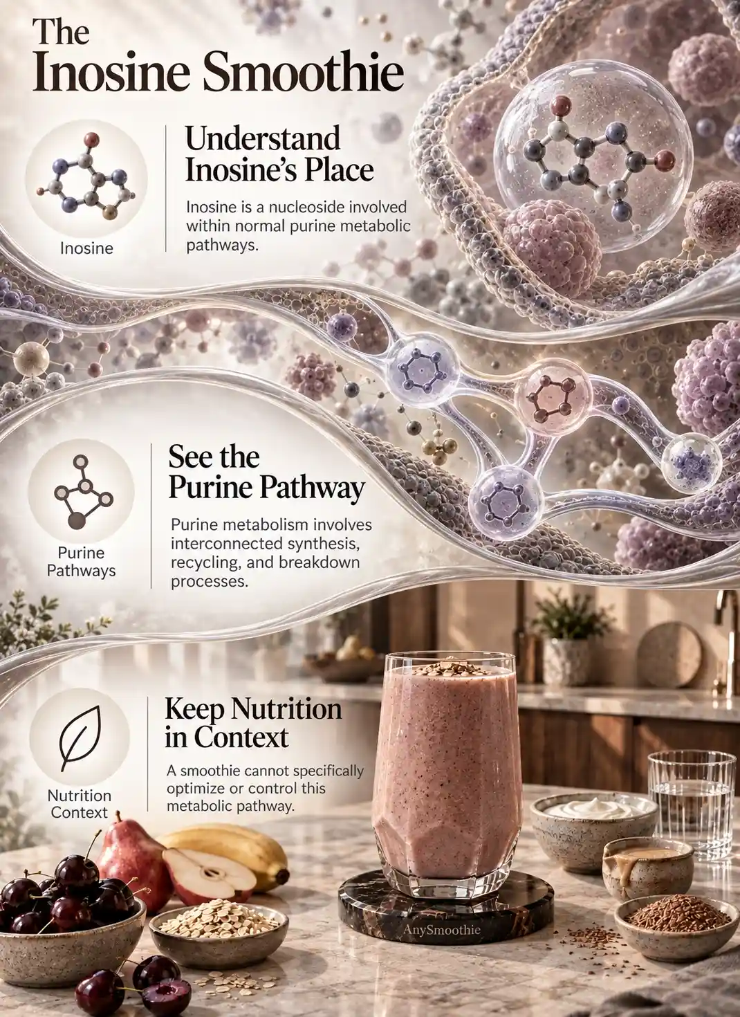 Inosine smoothie for purine metabolism infographic featuring black cherries, red pear, banana, oats, skyr, tahini, and flaxseed within a purine-metabolism nutrition context.