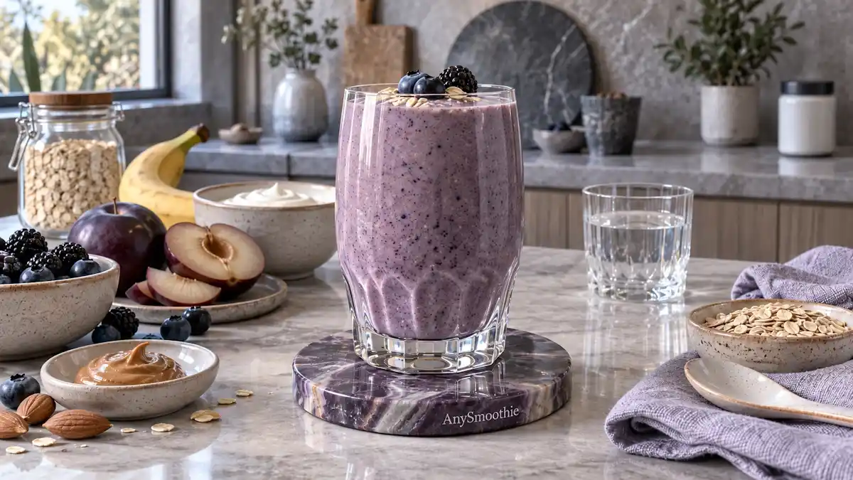 Blueberry, blackberry, purple plum, banana, oats, Greek yogurt, and almond butter smoothie for a lithium orotate smoothie guide.