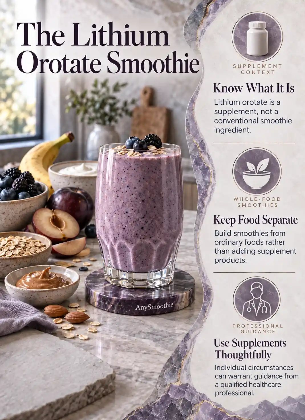 Lithium orotate smoothie guide infographic showing the difference between whole-food smoothie nutrition and lithium orotate supplementation with berries, oats, yogurt, and a closed supplement container