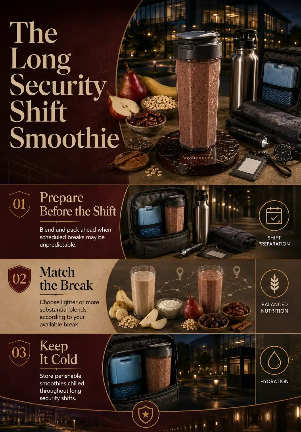Long shift smoothies for security guards infographic covering shift preparation, balanced nutrition, hydration, and safe chilled storage.