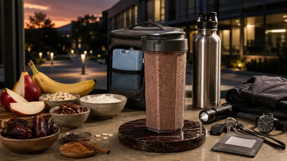 Long shift smoothies for security guards with red pear, banana, oats, Greek yogurt, pecans, dates, and cinnamon.