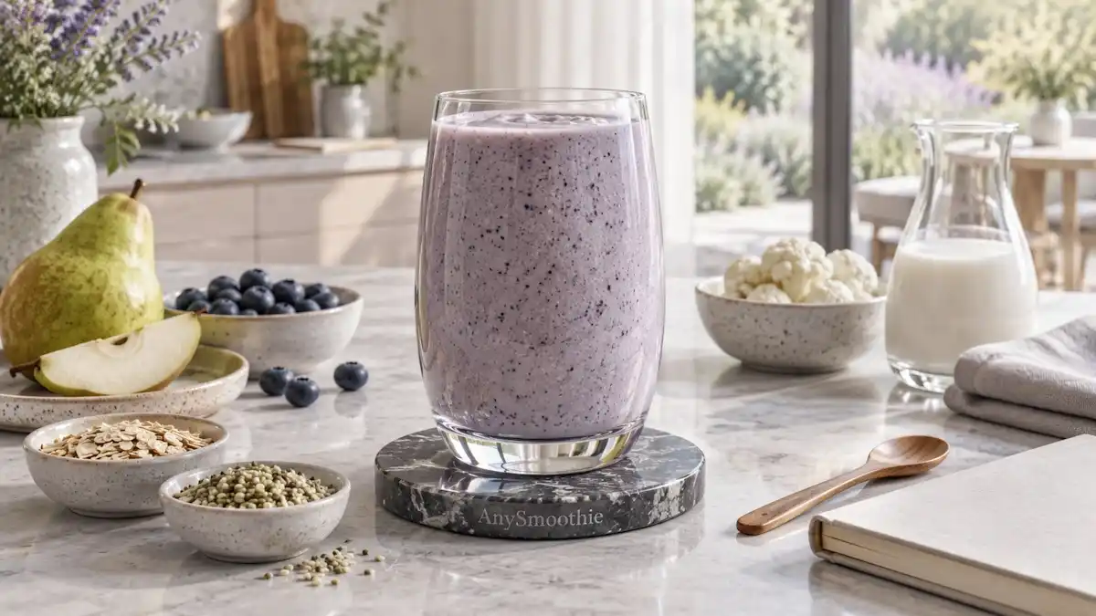 Pear, blueberry, oat, hemp seed, cauliflower, and coconut milk smoothie for mast cell support smoothies in a calm modern kitchen.