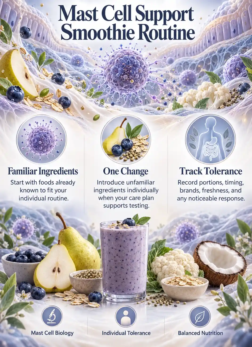 Mast cell support smoothies infographic featuring pear, blueberries, cauliflower, oats, hemp seeds, and coconut milk with individual tolerance guidance. 