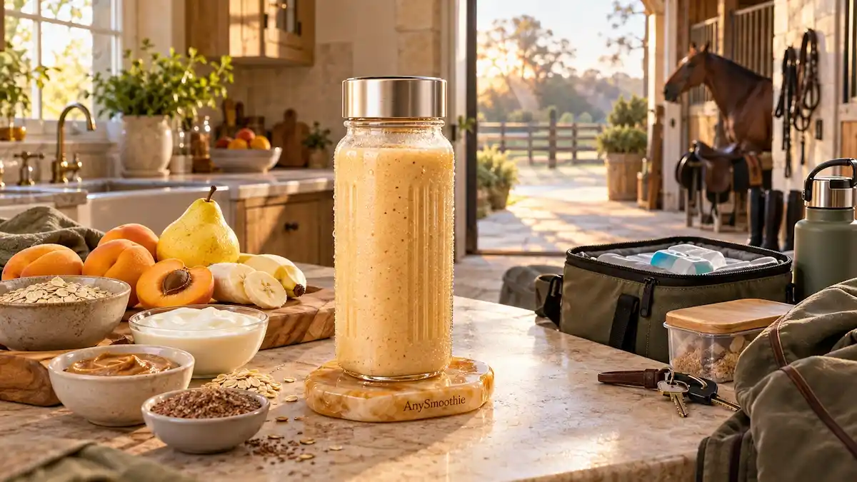 Morning smoothies for horseback riding featuring an apricot, yellow pear, banana, oats, skyr, almond butter, and flaxseed smoothie prepared for a calm pre-riding routine.