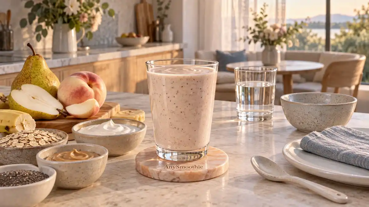 Creamy pear, white nectarine, banana, oat, skyr, and cashew butter smoothie in a clear glass on an AnySmoothie peach aventurine coaster, styled in a calm home kitchen for morning smoothies when solid food feels too heavy.