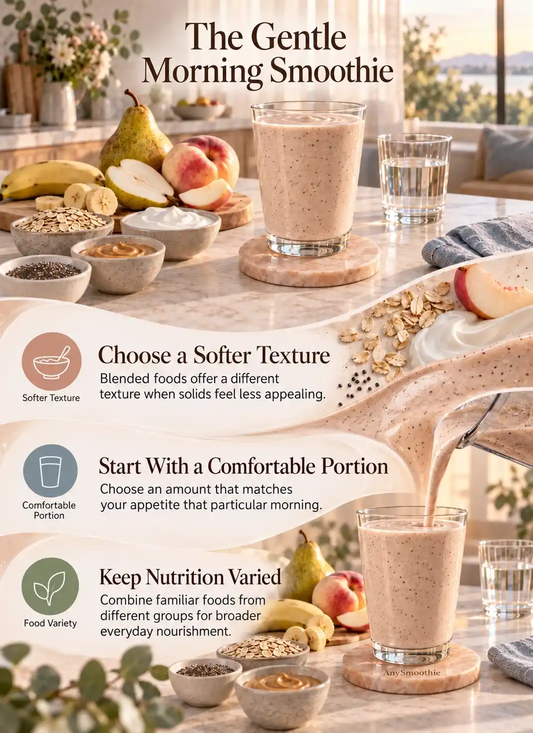 Morning smoothies when solid food feels too heavy infographic featuring pear, white nectarine, banana, oats, skyr, cashew butter, and ground chia in a gentle breakfast setting.