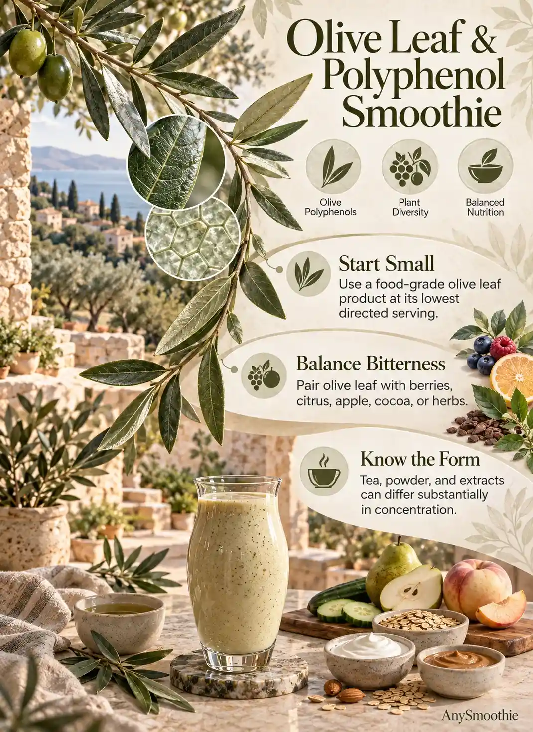 Olive leaf smoothie for polyphenol support infographic featuring green pear, white peach, cucumber, oats, Greek yogurt, almond butter, and olive leaf infusion.