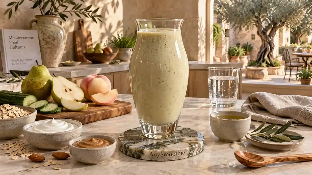 Olive leaf smoothie for polyphenol support made with green pear, white peach, cucumber, oats, Greek yogurt, almond butter, and olive leaf infusion.